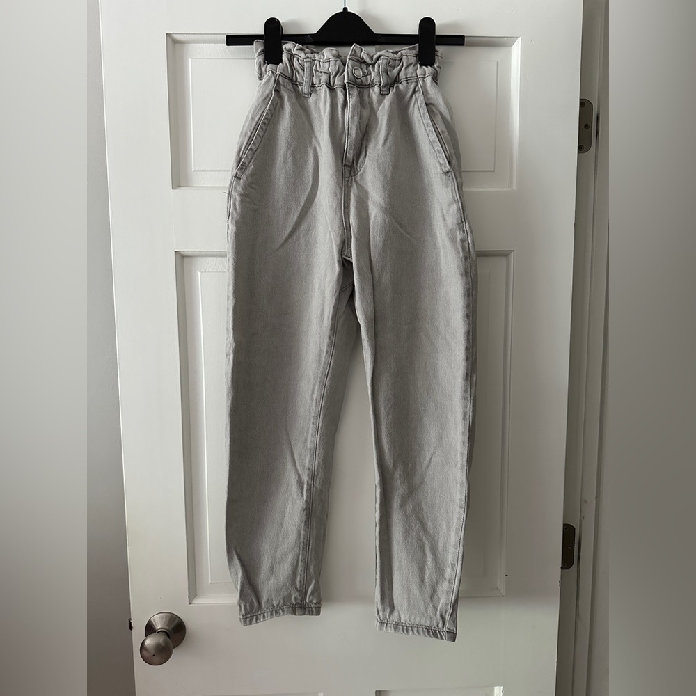 Zara 100% Cotton Gray Baggy High Waisted Denim Paper Bag Jean Pants